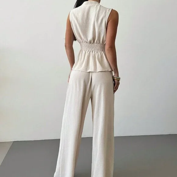 Apricot Elegant Women's Surplice Sleeveless Belted Blouse & Wide leg Pant Set - Picture 2 of 7